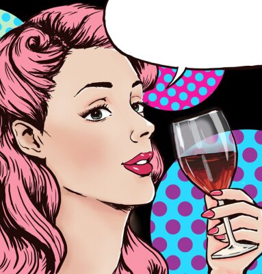 Pop Art fille avec le verre de vin avec bulle.