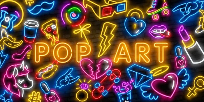 Poster  Pop art icons set. Pop art neon sign. Bright signboard, light banner. Neon isolated icon, emblem. Heart, diamond, pizza, smile, hand, ice cream, star, donut and unicorn vector neon icon