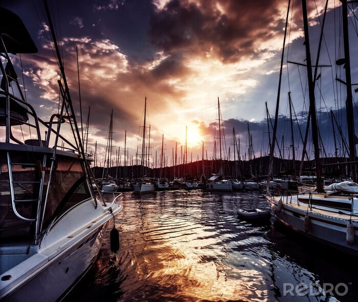 Poster  Port de yachts au coucher du soleil