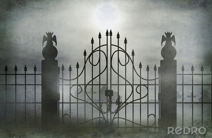Poster  Porte sombre du cimetière dans le brouillard