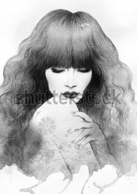 Poster  Portrait d'une femme aux longs cheveux ondulés