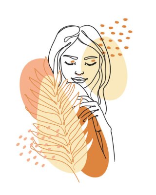 Poster  Portrait d'une femme avec une feuille dans un style moderne