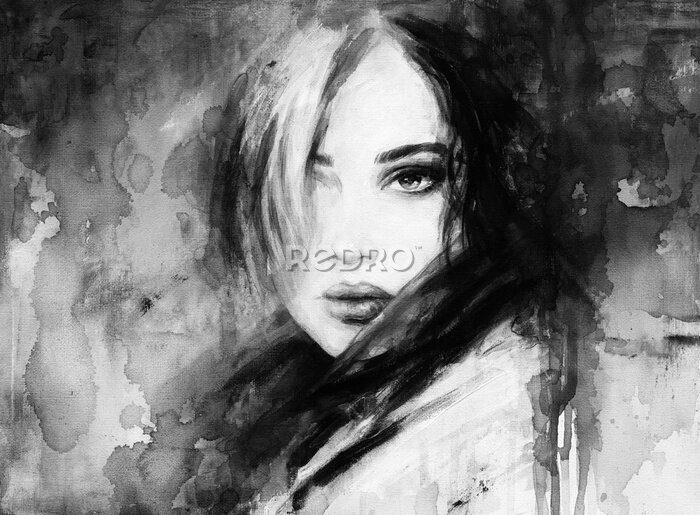 Poster  Portrait de femme à l'aquarelle monochrome
