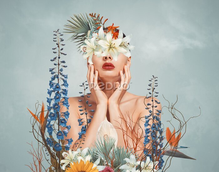 Poster  Portrait de femme aux fleurs colorées