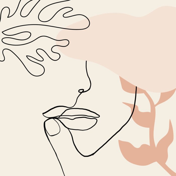 Poster  Portrait de femme dessin au trait motifs roses