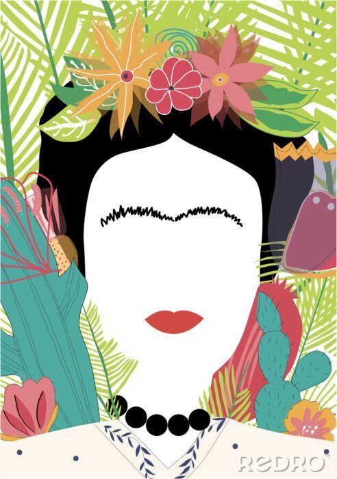 Poster  Portrait de femme mexicaine ou espagnole minimaliste Frida Kahlo avec fleurs, feuilles, cactus