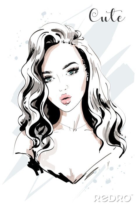 Poster  Portrait de la belle jeune femme. Femme de mode dessinés à la main avec de longs cheveux. Esquisser.