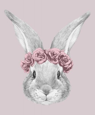 Portrait of Rabbit with floral head wreath. Hand-drawn illustration. Vector isolated elements.	