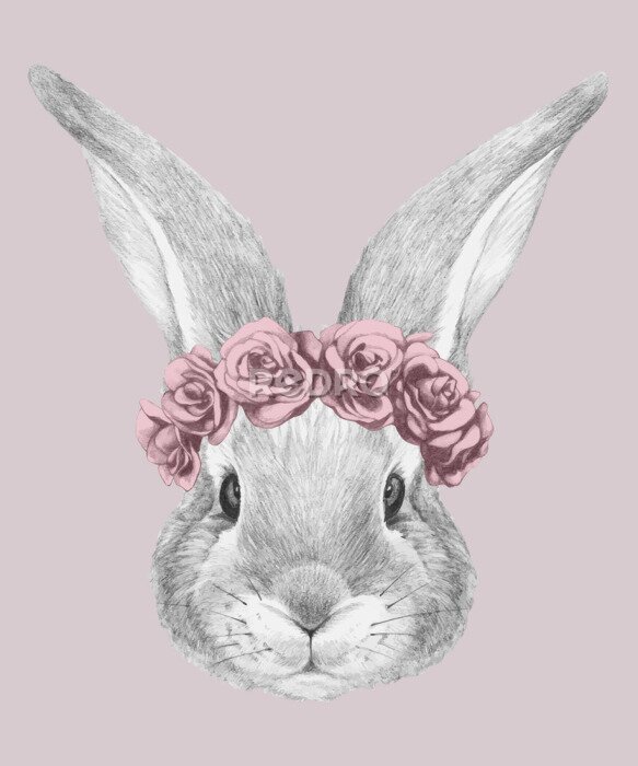 Poster  Portrait of Rabbit with floral head wreath. Hand-drawn illustration. Vector isolated elements.	