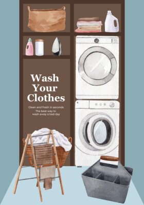 Poster  Poster template with laundry day concept,watercolor style