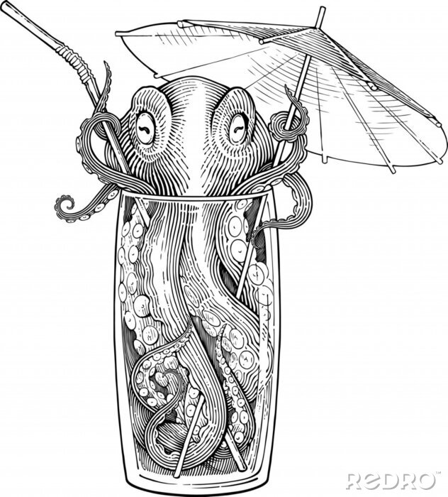 Poster  Poulpe dans un verre avec un parapluie