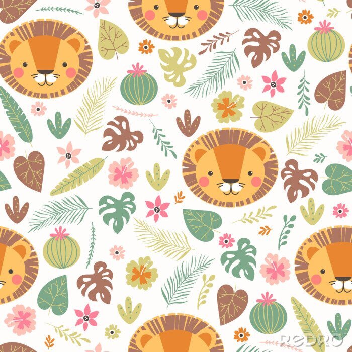 Poster  Pour les enfants, des lions mignons parmi les plantes sur fond blanc