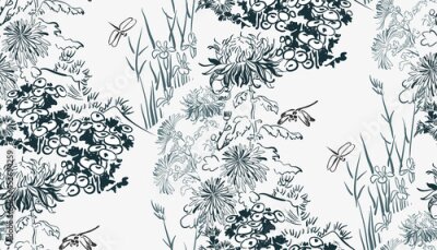 Poster  Prairie orientale avec des chrysanthèmes