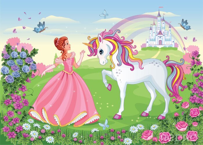 Poster  Princesse avec une licorne dans un pays féerique avec un château en arrière-plan