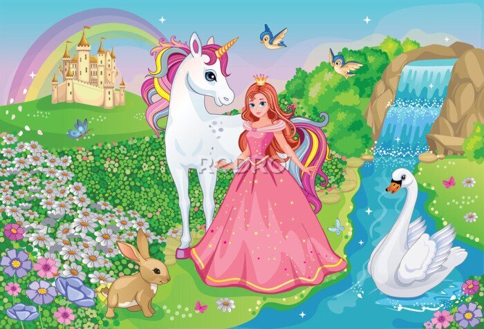 Poster  Princesse et licorne dans un pays féerique avec château