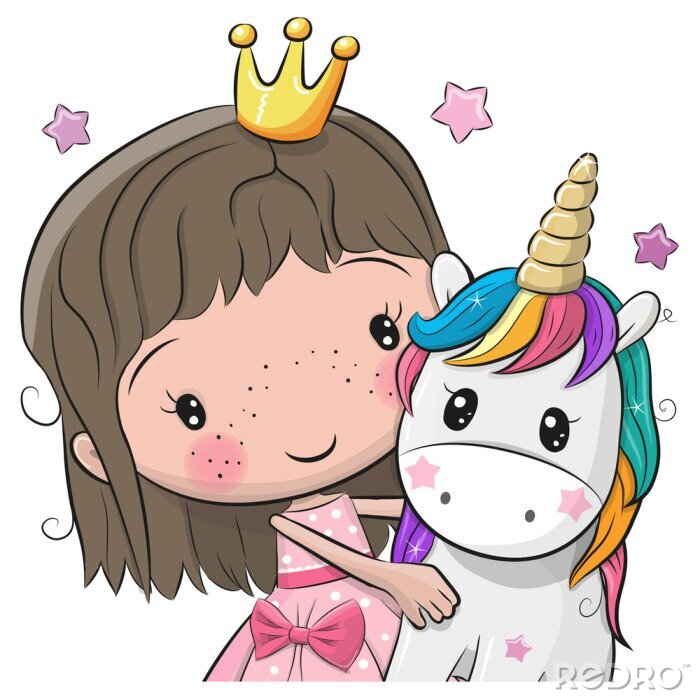 Poster  Princesse étreignant une licorne et des étoiles