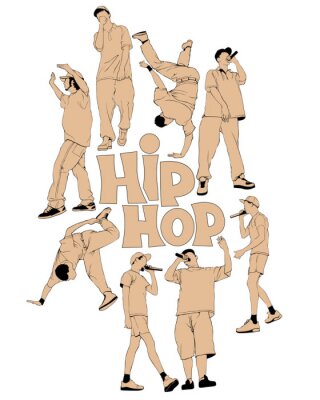 Poster  Print for t-shirts and posters with hip hop artists. Isolated silhouettes of people on a white background