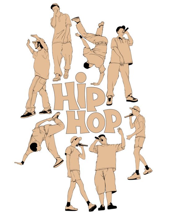 Poster  Print for t-shirts and posters with hip hop artists. Isolated silhouettes of people on a white background