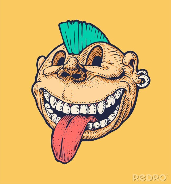 Poster  Punk Emoticon with a crest on the head and tongue hanging out. Drawing Style. Vector illustration.