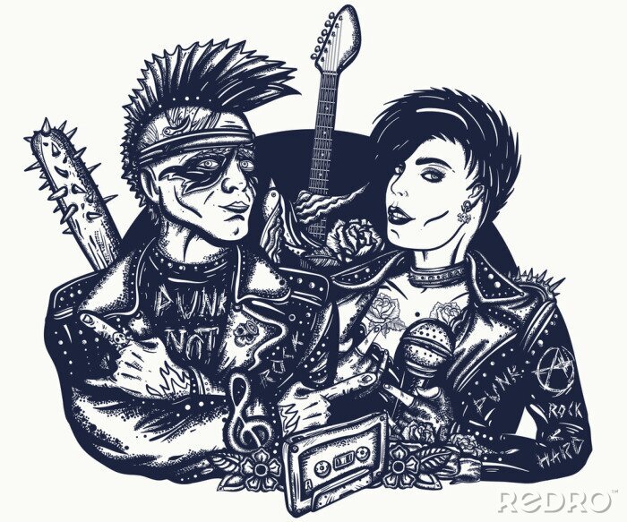Poster  Punk music. Musicians and electric guitar. Street music culture. Tattoo and t-shirt design. Punker with mohawk hairstyle, guitarist. Anarchy art. Rock and roll couple. Hooligans lifestyle