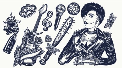 Poster  Punk music set. Old school tattoo vector collection. Punker with mohawk hairstyle, rock woman, guitarist girl. Hooligans lifestyle. Electric guitar. Anarchy art