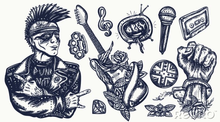 Poster  Punk music set. Tattoo vector collection. Punker with mohawk hairstyle, hard rock man. Hooligans lifestyle. Electric guitar. Anarchy art. Traditional tattooing elements