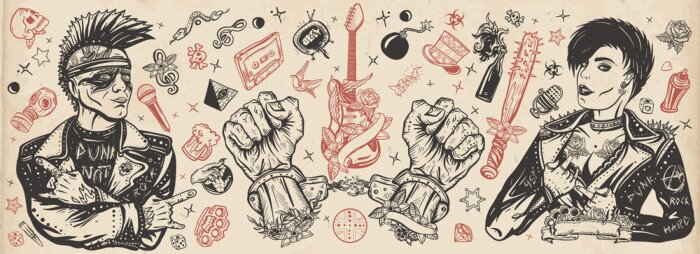 Poster  Punk rock music. Old school tattoo vector collection. Punker with mohawk hairstyle, rock woman, guitarist girl. Electric guitar. Anarchy art. Hooligans lifestyle. Traditional tattooing style