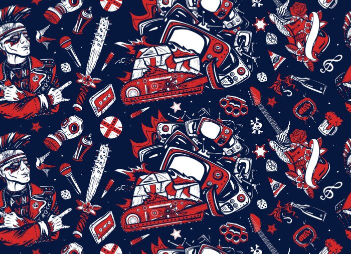Poster  Punk rock music. Street culture musical art. Hooligans lifestyle. Electric guitar. Anarchy. Consumer society. Protest concept. Seamless pattern. Punker with mohawk hairstyle, audio type, bulldozer
