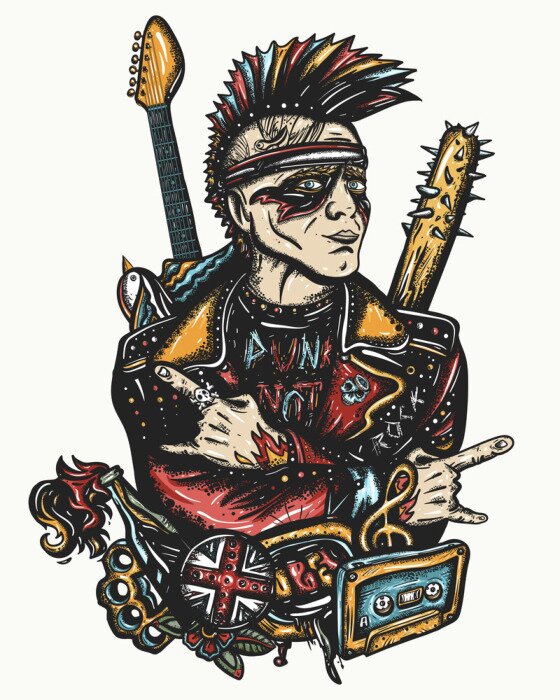 Poster  Punk rock. Street music culture. Tattoo and t-shirt design. Punker with mohawk hairstyle, musician and electric guitar. Guitarist. Hooligans lifestyle. Anarchy art