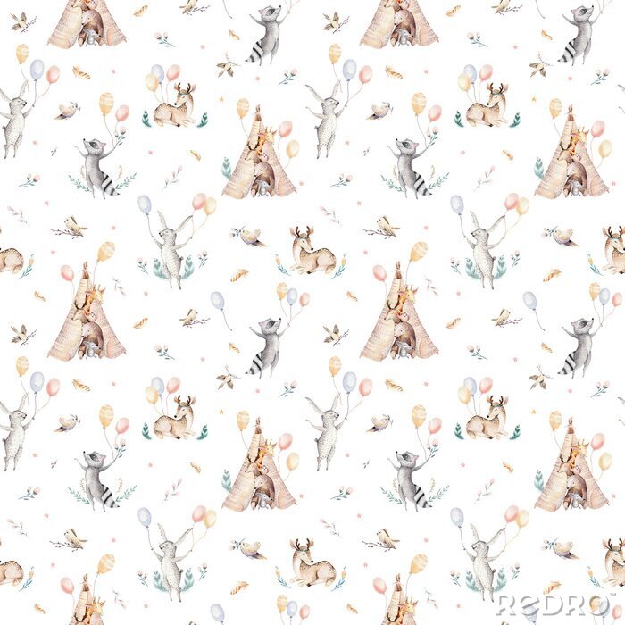 Poster  Raccon mignon de bébé de famille, cerf et lapin. girafe de pépinière animale et ours isolé illustration. Aquarelle boho raccon dessin pépinière modèle sans couture. Fond d'enfants, impression de crèch