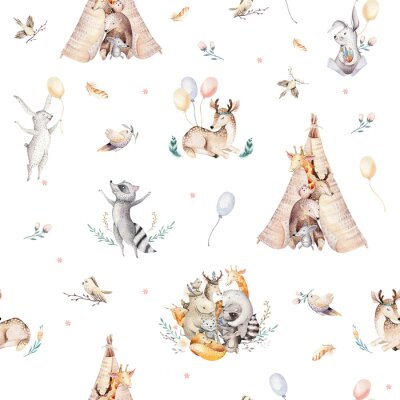 Papier peint à motif  Raccon mignon de bébé de famille, cerf et lapin. girafe de pépinière animale et ours isolé illustration. Aquarelle boho raccon dessin pépinière modèle sans couture. Fond d'enfants, impression de crèch