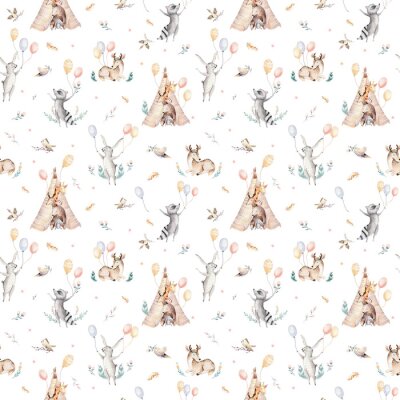 Papier peint à motif  Raccon mignon de bébé de famille, cerf et lapin. girafe de pépinière animale et ours isolé illustration. Aquarelle boho raccon dessin pépinière modèle sans couture. Fond d'enfants, impression de crèch