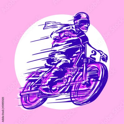 Poster  Racer with motorcycle objects in retro hand drawing style