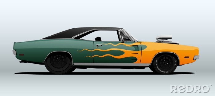 Poster  Racing muscle car in vector with flames on body.
