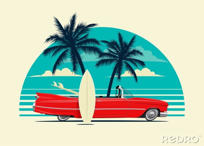 Poster  Red retro roadster car with surfing boards on the beach with palm silhouettes on background. Summer time themed vector illustration for poster or card or t-shirt or sticker design.