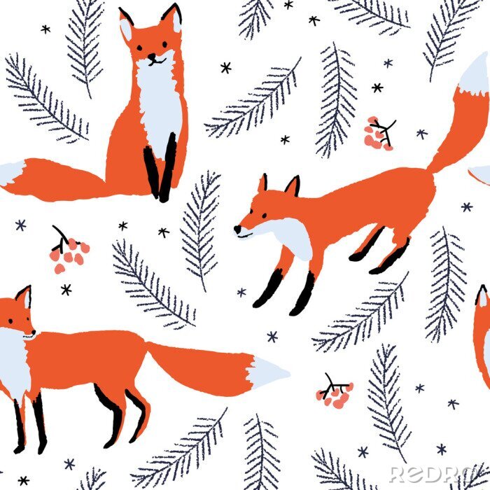 Poster  Renards et plantes sur fond blanc