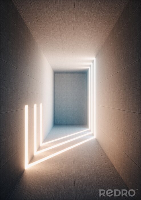 Poster  Rendu 3D, abstrait urbain, couloir vide illuminé, intérieur, murs en béton, lumière rougeoyante, tunnel de lumière du jour, pas de sortie