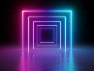 Poster  Rendu 3D, lignes rougeoyantes, tunnel, néons, réalité virtuelle, fond abstrait, portail carré, arche, spectre bleu rose couleurs vibrantes, spectacle laser