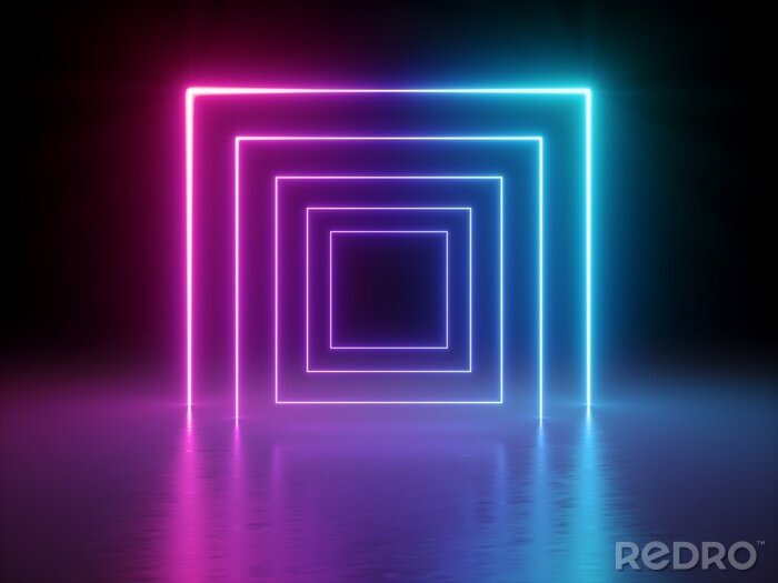 Poster  Rendu 3D, lignes rougeoyantes, tunnel, néons, réalité virtuelle, fond abstrait, portail carré, arche, spectre bleu rose couleurs vibrantes, spectacle laser