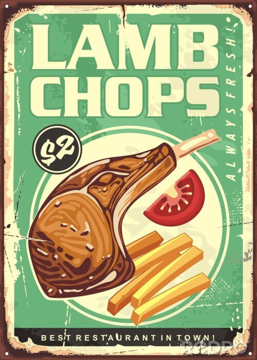 Poster  Restaurant menu sign with grilled lamb loin chops, french fries and fresh tomato. Vintage food poster design. Fast food retro vector illustration.