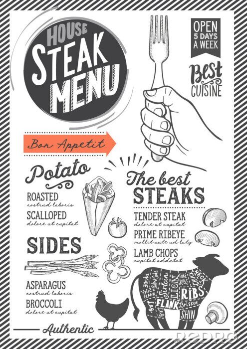 Poster  Restaurant menu steak, modèle de nourriture.