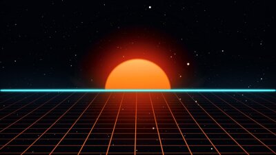Poster  Rétro futuriste 80 s VHS bande vidéo intro paysage. Vol au-dessus de la grille de néon avec le lever du soleil et les étoiles. Arcade vintage stylisé science fiction VJ motion illustration 3d en 4K