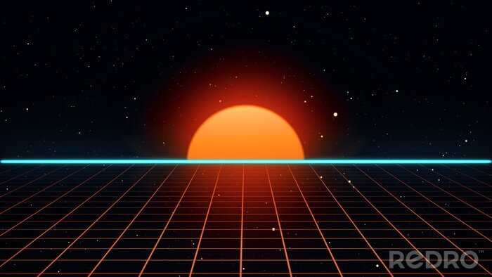 Poster  Rétro futuriste 80 s VHS bande vidéo intro paysage. Vol au-dessus de la grille de néon avec le lever du soleil et les étoiles. Arcade vintage stylisé science fiction VJ motion illustration 3d en 4K