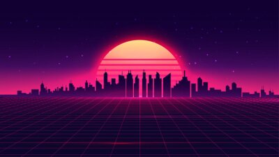 Poster  Retro futuristic synthwave retrowave styled night cityscape with sunset on background. Cover or banner template for retro wave music. Vector illustration.