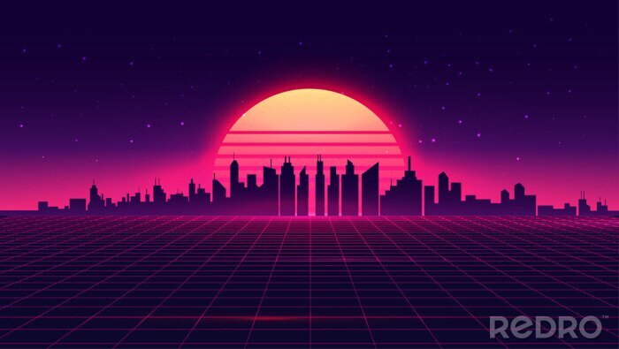 Poster  Retro futuristic synthwave retrowave styled night cityscape with sunset on background. Cover or banner template for retro wave music. Vector illustration.