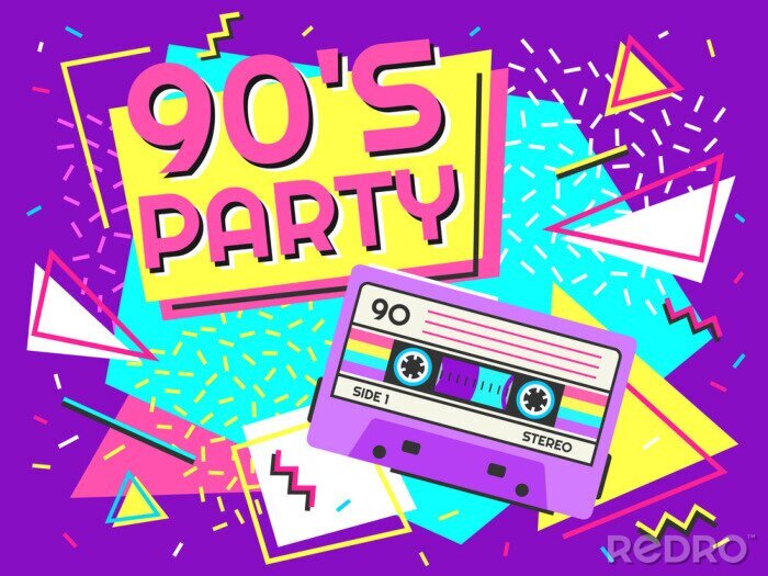 Poster  Retro party poster. Nineties music, vintage tape cassette banner and 90s style. Radio invitation card, dance time parties advertisement poster vector background illustration