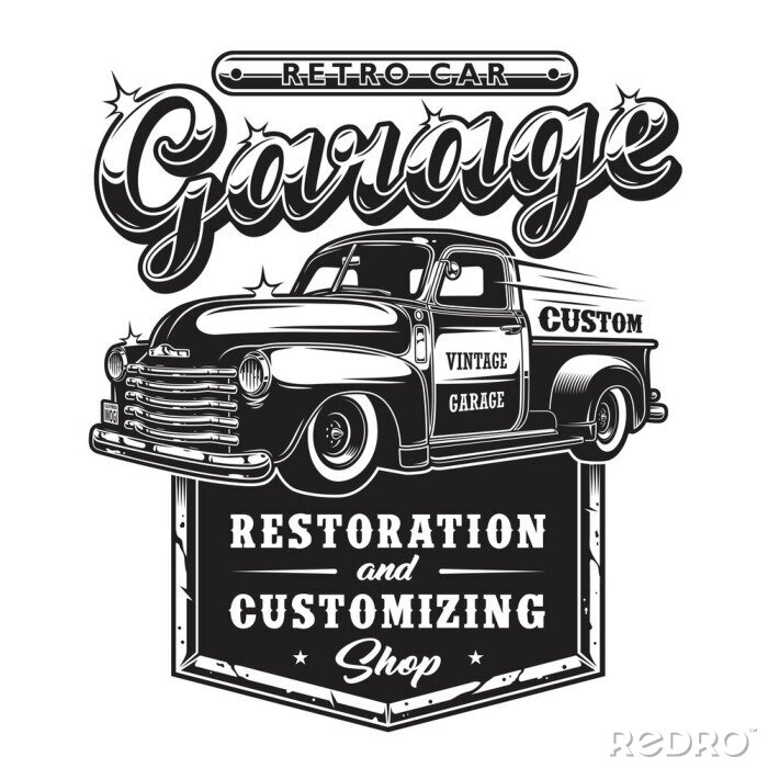 Poster  Rétro signe de garage de réparation de voiture avec camion de style rétro. Boutique de restauration personnalisée.