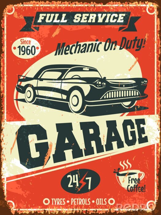 Poster  Rétro signe de service de voiture. Vector illustration.