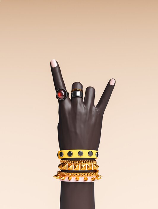 Poster  Rock hand sign, female hand punk rock gesture with gold wrist bracelets and finger rings isolated, creative art protest banner, fashion hipster accessories, 3d rendering