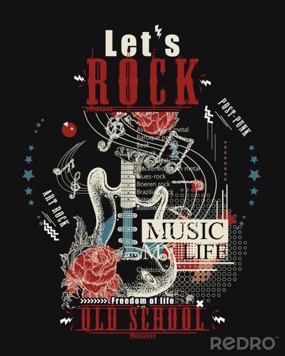 Poster  Rock music print. Electro guitar and roses. Let's Rock slogan. Musical vector art, t-shirt design